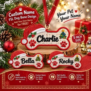 May include: Three dog bone-shaped ornaments with red embroidered borders, white textured centers, and red Santa hats. Each ornament features a green Christmas tree, red paw prints, and a custom name in black script. A red ribbon is attached to the top.