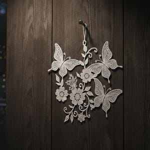 Peut inclure: Décoration murale blanche avec trois papillons et des éléments floraux. Les papillons et les fleurs sont conçus avec des détails délicats. La décoration est suspendue à un crochet noir sur une surface en bois brun foncé.