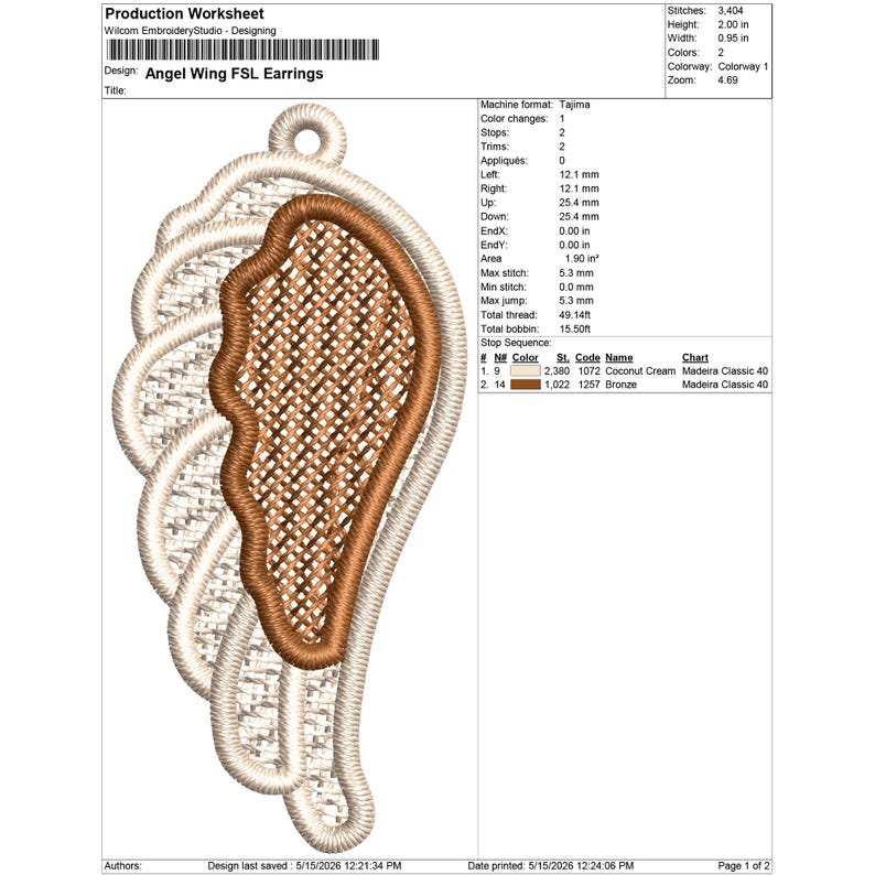 May include: An embroidered angel wing earring design. The design features a detailed wing with a light beige outer layer and a brown inner section. The text "Angel Wing FSL Earrings" is at the top. The height is 2.00 inches and the width is 0.95 inches.