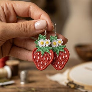 May include: Embroidered strawberry earrings with red fruit, white seeds, green leaves, and small white and yellow flowers. The earrings have silver-colored hooks. The earrings are held up by a person's hand.