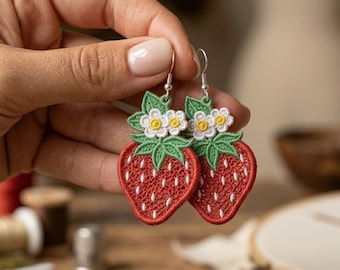 Zoete aardbei oorbellen machine borduurwerk ontwerpbestand voor kleine fruit hoepel projecten