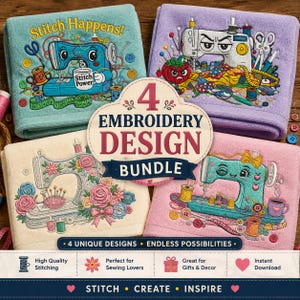 Peut inclure: Un ensemble de quatre serviettes brodées avec des motifs de machines à coudre. Une serviette est bleu sarcelle avec une machine dessin animé et le texte Stitch Happens, une est lavande, une est crème avec des fleurs et une est rose avec une machine.