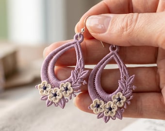 Spring Blossom FSL Earring Lace Embroidery Design – Floral Teardrop Jewelry (Digital File)