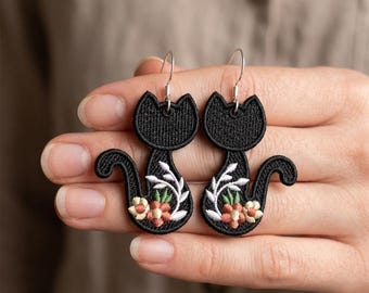 Flora Cat FSL Earrings Machine Embroidery Pattern – Floral Kitten Jewelry (Digital Download)