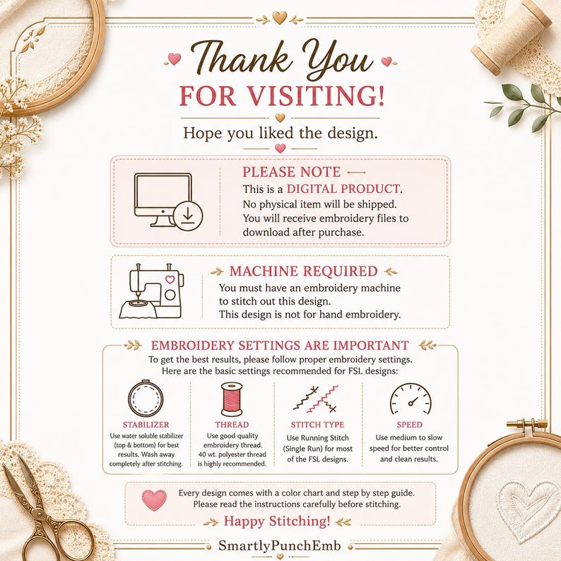 K&ouml;nnte beinhalten: Werbung f&uuml;r ein digitales Produkt mit dem Text &bdquo;Thank You For Visiting!&ldquo; und &bdquo;Happy Stitching!&ldquo;. Es enth&auml;lt Anweisungen f&uuml;r Stickeinstellungen wie Stabilisator, Garn, Stichart und Geschwindigkeit. Maschinenstickerei ist erforderlich.