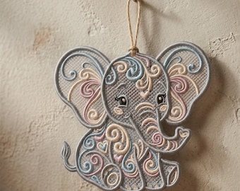 Diseño de bordado a máquina de adorno de encaje de elefante bebé FSL - Archivos digitales para bordado en bastidor
