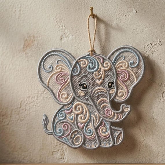 Baby Elephant FSL Lace Ornament Machine Embroidery Design - Digital Files for Hoop Crafting
