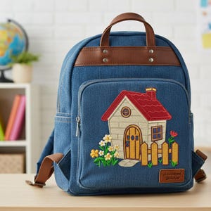 May include: Blue denim backpack with a brown leather handle and trim. The front pocket features an embroidered house design with a red roof, yellow door, and a picket fence. The words "Adventure Stitches" are on a small brown patch.
