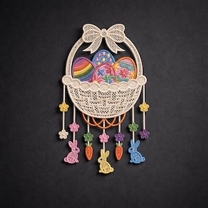 Può includere: Un cestino pasquale color crema con un fiocco, pieno di uova decorate. Il cestino è adornato con fiori, carote e coniglietti appesi in vari colori, su sfondo scuro. Le uova presentano disegni arcobaleno, floreali e fantasia.