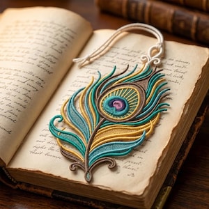May include: An embroidered peacock feather bookmark in teal, yellow, and brown, lying on an open antique book. The bookmark has a cream-colored cord attached. The book's pages show handwritten text.