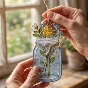 Pode incluir: Um frasco Mason bordado azul, branco e amarelo com um design floral. O frasco é preenchido com flores e vegetação bordadas e é segurado por uma corda. O frasco tem aproximadamente 10 cm de altura.