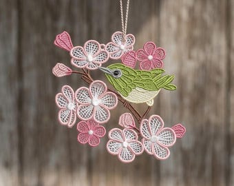 Diseño de bordado a máquina FSL de pájaro en flor de cerezo, archivo digital floral de primavera
