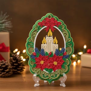 Puede incluir: Adorno navideño bordado con tres velas, flores de pascua rojas y un marco verde y rojo. El adorno se exhibe sobre un soporte de plástico transparente. Ideal para la decoración navideña.