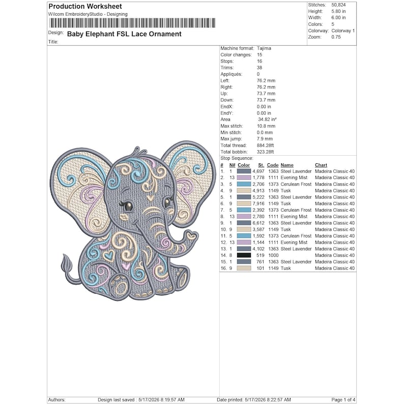 K&ouml;nnte beinhalten: Gesticktes Design eines Baby-Elefanten mit gro&szlig;en Ohren und R&uuml;ssel, mit komplizierten floralen und Wirbelmustern in Grau-, Blau- und Lavendelt&ouml;nen. Betitelt "Baby Elephant FSL Lace Ornament".