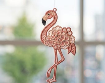 Diseño de bordado de encaje floral con flamencos – Adorno de ave tropical (Archivo digital)