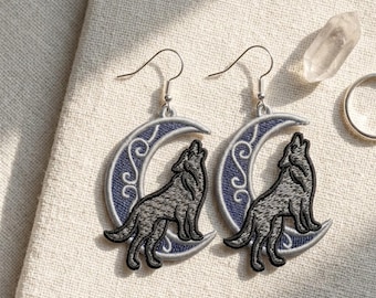Howling Wolf Earrings Machine Embroidery Design Celestial Crescent Moon Spirit Animal FSL Digital File