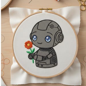 May include: An embroidery hoop featuring a gray robot holding a flower. The robot has large blue eyes and gear details on its head and arms. The flower is orange with a green stem and leaves. The embroidery is on a white fabric.