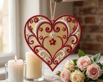 Diseño de bordado de encaje independiente con forma de corazón floral (patrón digital)