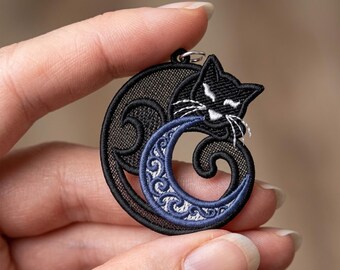 Mystic Moonstone Cat Earrings: Celestial Kitten Freestanding Lace Embroidery Design (Digital Download)