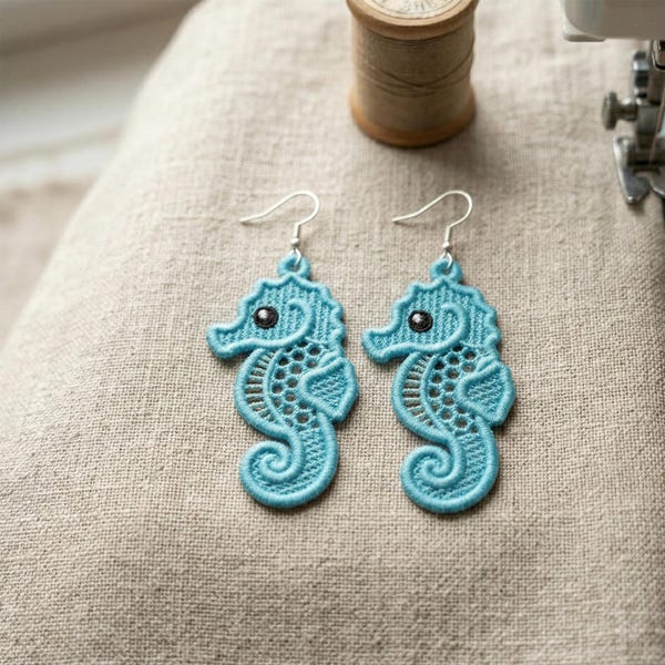 Sea Pearl FSL Machine Embroidery Pattern Seahorse Earring Lace Design Ocean Jewelry Nautical Ornament Digital Download File