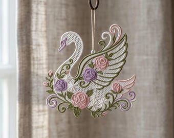 Diseño de bordado a máquina de adorno de encaje de cisne floral FSL, elegante patrón de descarga digital de pájaro flor