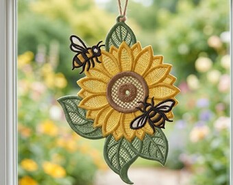 Summer Sunflower FSL Machine Embroidery Design Freestanding Lace Floral Ornament Digital File Download