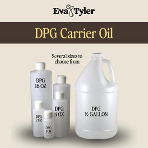 May include: White plastic bottles of DPG Carrier Oil in various sizes, including 1 oz, 2 oz, 4 oz, 16 oz, and a half-gallon container. The bottles have white caps and are labeled with the product name.