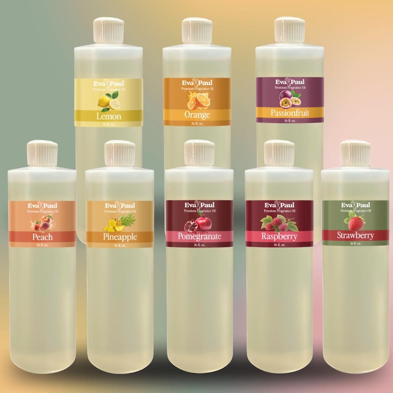 May include: A collection of clear plastic bottles with white caps, each labeled with a different fruit flavor. Flavors include lemon, orange, passionfruit, peach, pineapple, pomegranate, raspberry, and strawberry. The labels feature the brand name "Eva Paul".
