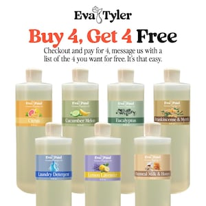 May include: Seven clear plastic bottles of Eva Paul premium fragrance oil with white caps. Labels feature scents: Citrus, Cucumber Melon, Eucalyptus, Frankincense & Myrrh, Laundry Detergent, Lemon Lavender, and Oatmeal Milk & Honey. Text reads Buy 4, Get 4 Free.