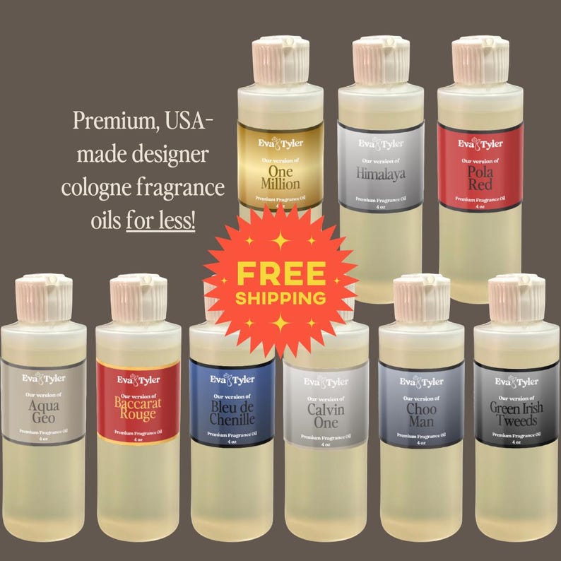 May include: A collection of fragrance oil bottles with labels featuring names like "One Million," "Himalaya," and "Pola Red." The bottles are arranged in rows, with the text "Premium, USA-made designer cologne fragrance oils for less!" and "FREE SHIPPING" visible.