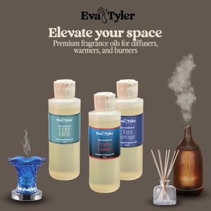 May include: An advertisement for Eva Tyler fragrance oils. The image features three bottles of fragrance oil, a blue glass oil diffuser, a reed diffuser, and a brown essential oil diffuser. The bottles have labels that read "VERY EROS", "Prado Lunar", and "Xtra Savage". The text "Elevate your space" is also visible.