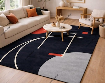 Modern Abstract Geometric Rug Red & Black Area Rug Contemporary Wool Rug Mid-century Rug Home Decor Rug Handmade Rug Multicolor Rug