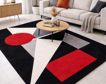 Modern Abstract Geometric Rug Black and White Area Rug Minimalist Wool Rug Contemporary Living Room Decor Rug Handmade Rug Multicolor Rug