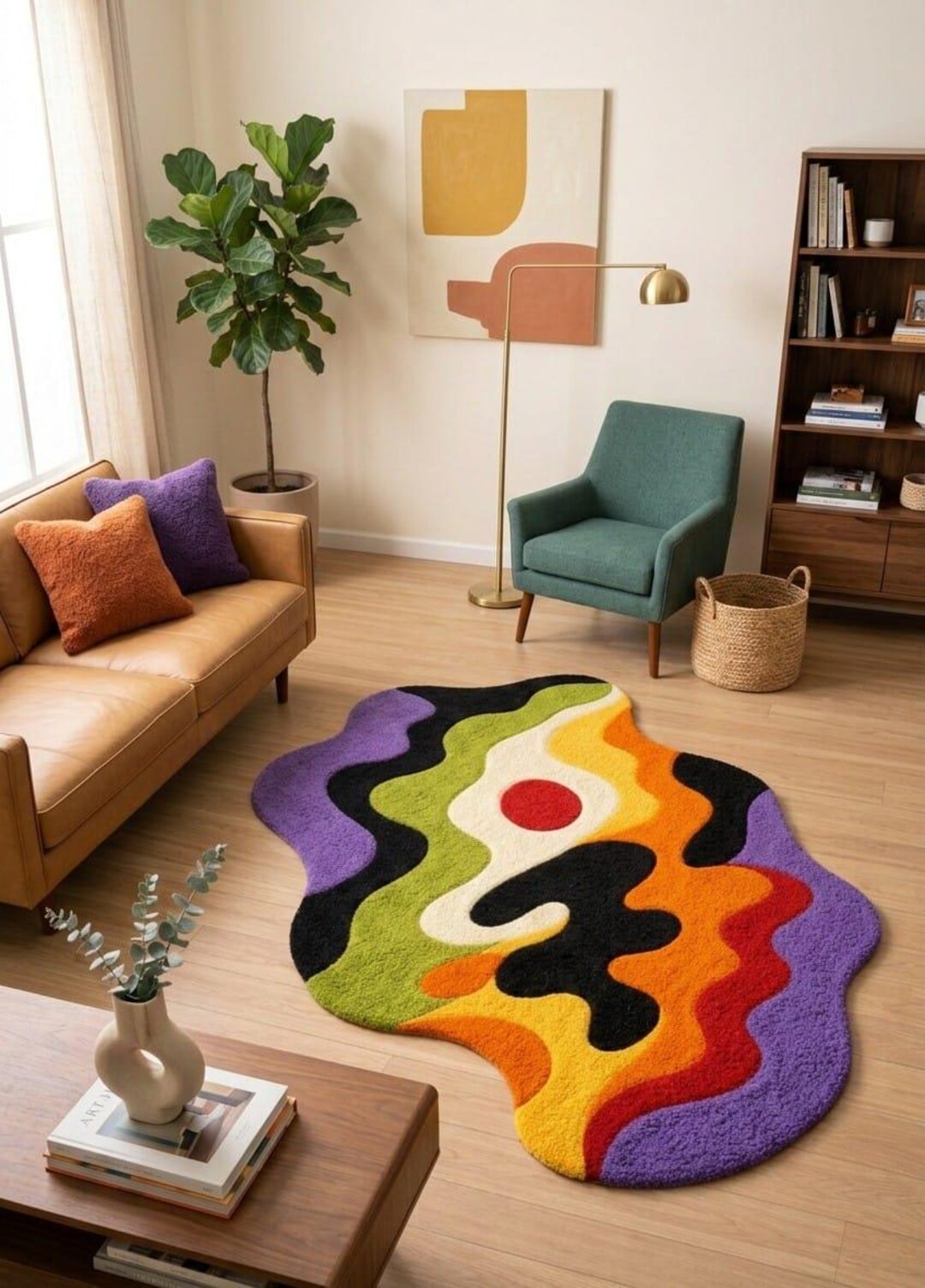 Hand-tufted Abstract Wavy Shaped Rug, Colorful Modern Art Tufted Rug ...