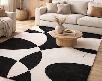 Modern Abstract Black and white Wavy Area Rug Hand-tufted Geometric Rug Handmade Rug Mid-century Rug Designer Wool Rug Rug For Living Rooms