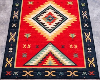 Alfombra Kilim Dhurrie tejida a mano - Alfombra bohemia geométrica roja del suroeste - Alfombra tribal de lana y yute - Alfombra india de tejido plano para sala de estar