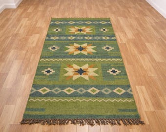 Handwoven Green Kilim Rug, Southwestern Wool Jute Area Rug, Flatweave Boho Dhurrie, Tribal Geometric Runner, Rustic Native Decor Living Room