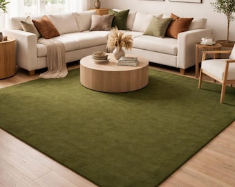 Solid Olive Green Hand Tufted Rug Modern Minimalist Wool Area Rug Plain Contemporary Living Room Carpet Plain Olive Green Modern Solid Wool