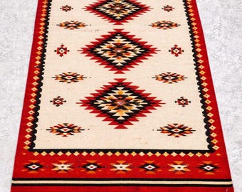 Handwoven Wool Dhurrie Rug Tribal Geometric Kilim Carpet Red & Ivory Flat Weave Area Rug Traditional Indian Dhurrie Rug Southwestern Pattern