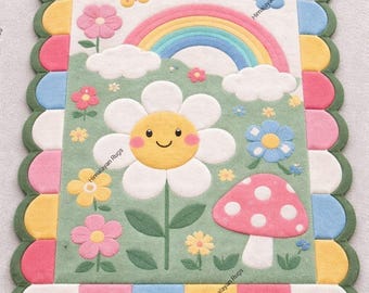 Hand-Tufted Cute Rainbow Flower Kids Rug, Handmade Nursery Rug, Smiley Daisy Playroom Carpet, Pastel Kids Room Decor, Cartoon Area Rug