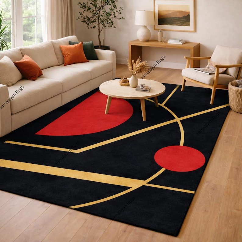 Modern Rug Red Pattern Modern Abstract Geometric Rug, Black Red Gold Area Rug, Hand Tufted ...