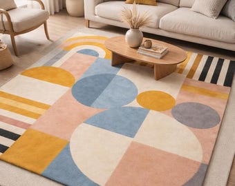 Modern Hand Tufted Wool Rug - Abstract Geometric Area Rug for Living Room - Bauhaus Inspired Mid Century Pastel Floor Carpet Custom Size Rug