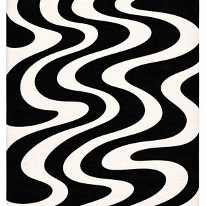 May include: A black and white rug with a retro wavy pattern. The design features thick, flowing, curved lines in contrasting colors, creating a bold, eye-catching visual effect. The rug's design is reminiscent of the 1970s aesthetic.