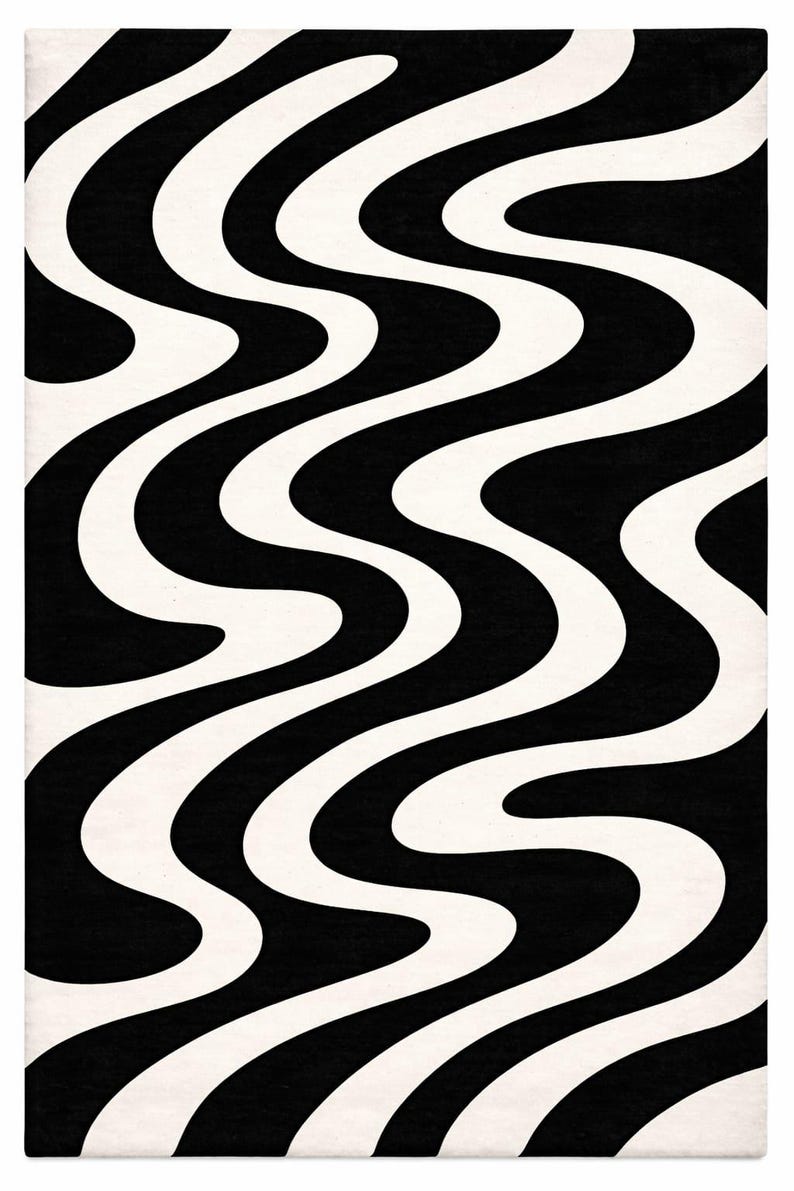 May include: A black and white rug with a retro wavy pattern. The design features thick, flowing, curved lines in contrasting colors, creating a bold, eye-catching visual effect. The rug's design is reminiscent of the 1970s aesthetic.