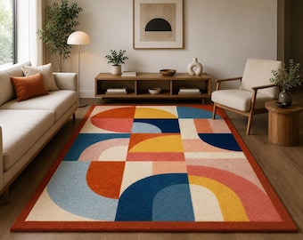 Mid Century Modern Geometric Wool Area Rug | Hand Tufted Bauhaus Abstract Carpet | Colorful Retro Block Rug for Living Room, Bedroom, Decor