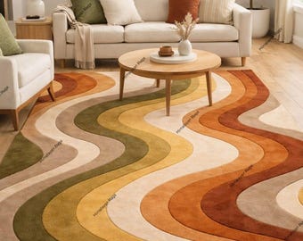 May include: A living room with a cream sofa, a wooden coffee table, and a large rug. The rug has a wavy pattern in shades of brown, orange, yellow, and green. The room is bright and airy, with natural light streaming in.