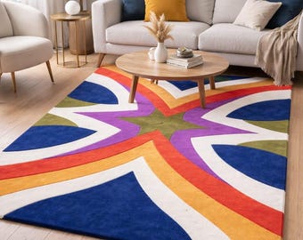 Hand Tufted Wool Rug - Mid Century Modern Geometric Area Rug -Colorful Art Deco Wavy Carpet Bold Abstract Floor Art for Living Room, Bedroom