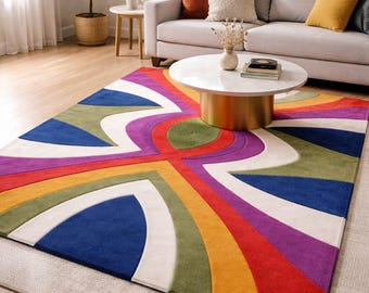Modern Geometric Multicolor Hand-tufted Rug Abstract Wool Area Rug Mid-century Modern Living Room Rug Handmade Squiggle Rug Designer Rug