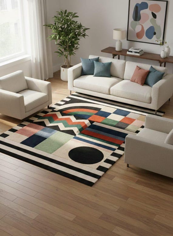 Abstract Geometric Area Rug, Modern Color Block Rug, Bauhaus Style Handmade Wool Rug, Handmade Contemporary Art Rug for Living Room Bedroom
