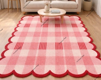 Hand-Tufted Scalloped Border Wool Rug Modern Irregular Plaid Checkered Area Rug Handmade Squiggle Rug Rug For Living Room Bedroom Rug